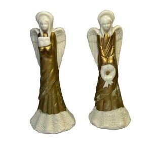 Set of 2 Ceramic Angel Bells – White & Gold Christmas Figurines – Holiday Decor
